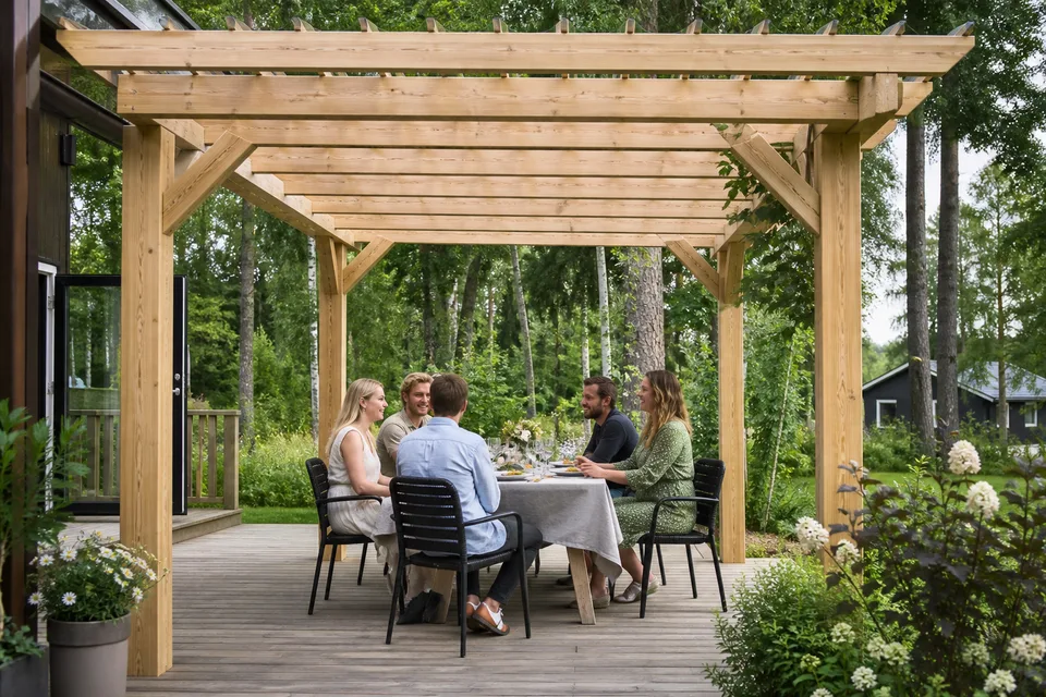 Pihalle rakennettu puinen pergola